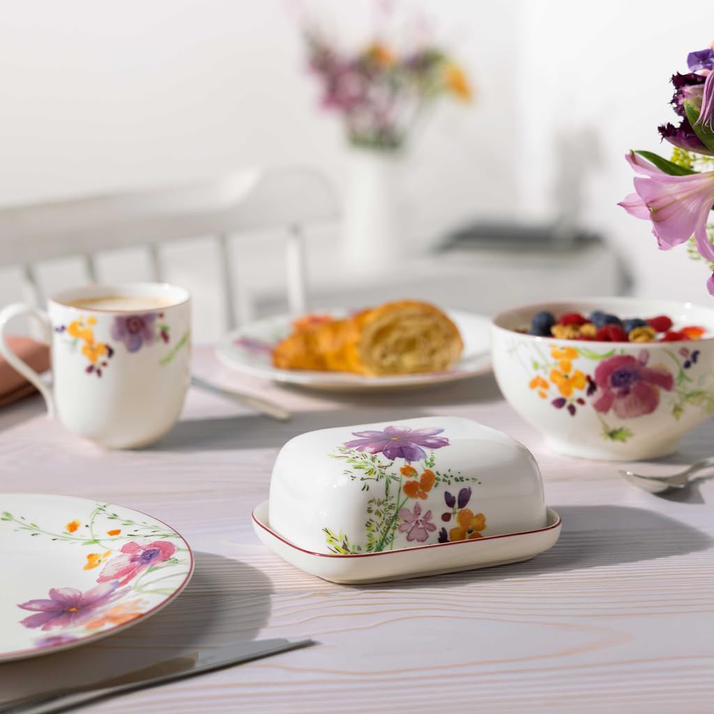 Villeroy & Boch - Mariefleur Basic Butterdose mit Deckel Bunt, Spülmaschinenfest, Mikrowellensicher, Butterglocke, Butteraufbewahrung, Dose für Butter, Florales Design, Blumenmuster, Premium Porzellen