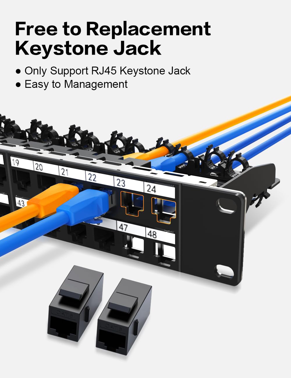 Pannello patch 1U a 48 porte Cat6 Keystone Patch Panel di rete UTP con cavo intelligente (nessuna fascetta necessaria) gestione per montaggio a rack da 19"