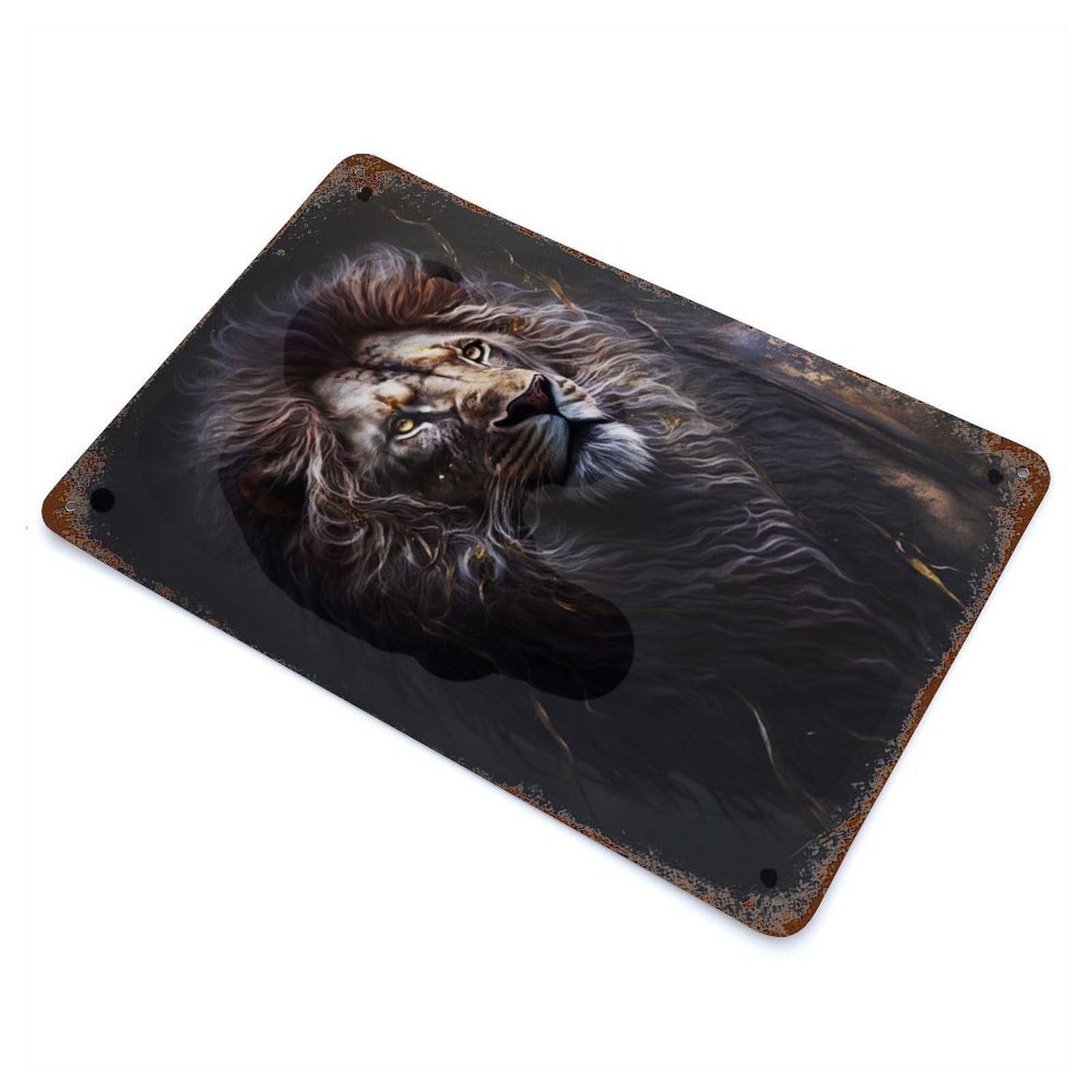 Rust Effect Portrait Black Lion Weathered Tin Sign 11.8"x7.9", Classic Wall Plaque for Living Room, Hallway And Home Decor