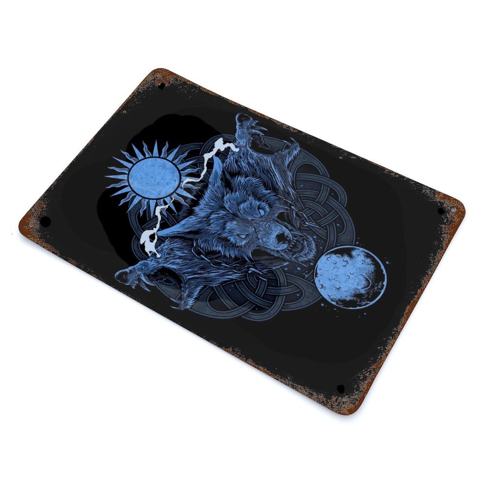 Norse Mythology Wolves Aged Metal Wall Plaque 11.8"x7.9", Old School Wall Decor for Garage, Pub Or Kitchen