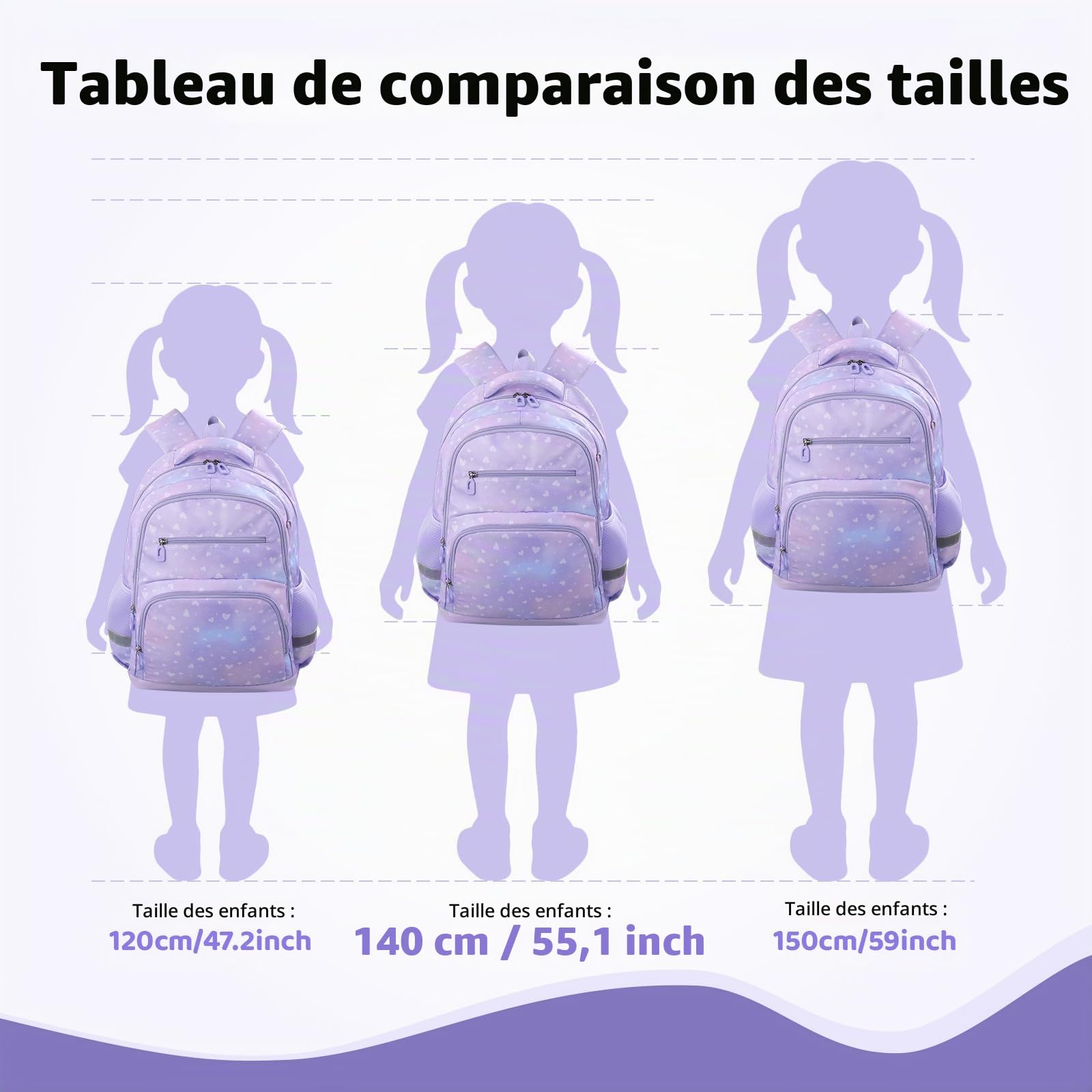 Sac a Dos Enfant Fille Garcon, 20L Cartable Primaire avec Poches, Bande réfléchissante & Boucle de poitrine pour Sports Voyage Cadeau Enfant - Dégradé Violet