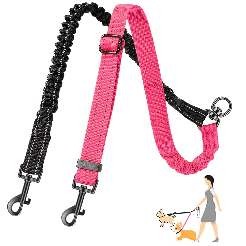 AUTOWT Two Dog Lead, 2 in 1 Upgraded Double Dog Leash Attachment Combine Adjustable Strap and Shock Absorbing Bungee No Tangle Dual Training Splitter