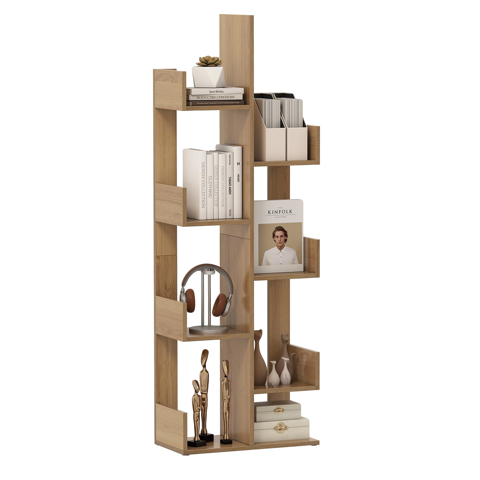 COSTWAY 8-Tier Tree Bookshelf, Wooden Bookcase Storage Shelving Unit with Anti-Toppling Device, Freestanding Magazine Book Display Rack for Home Office Living Room, 50x25x145cm (Natural)