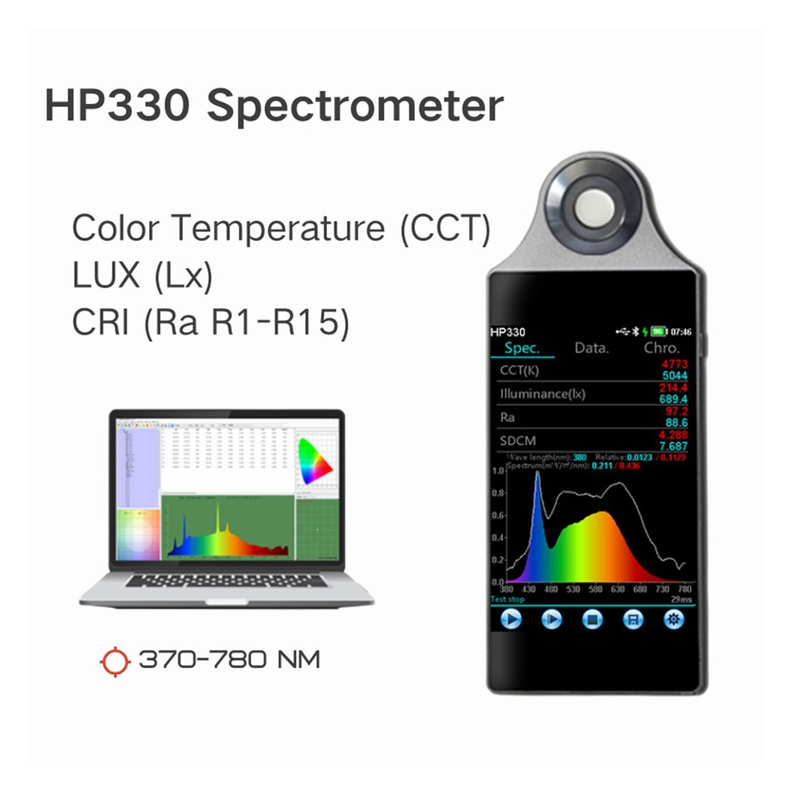 HP330 Spektrometer 380-780 nm Lichtfarbtemperaturmessgerät Laborspektrum-Analysegeräte for CCT CRI-Tests Einfaches Datenlesen(HP330)