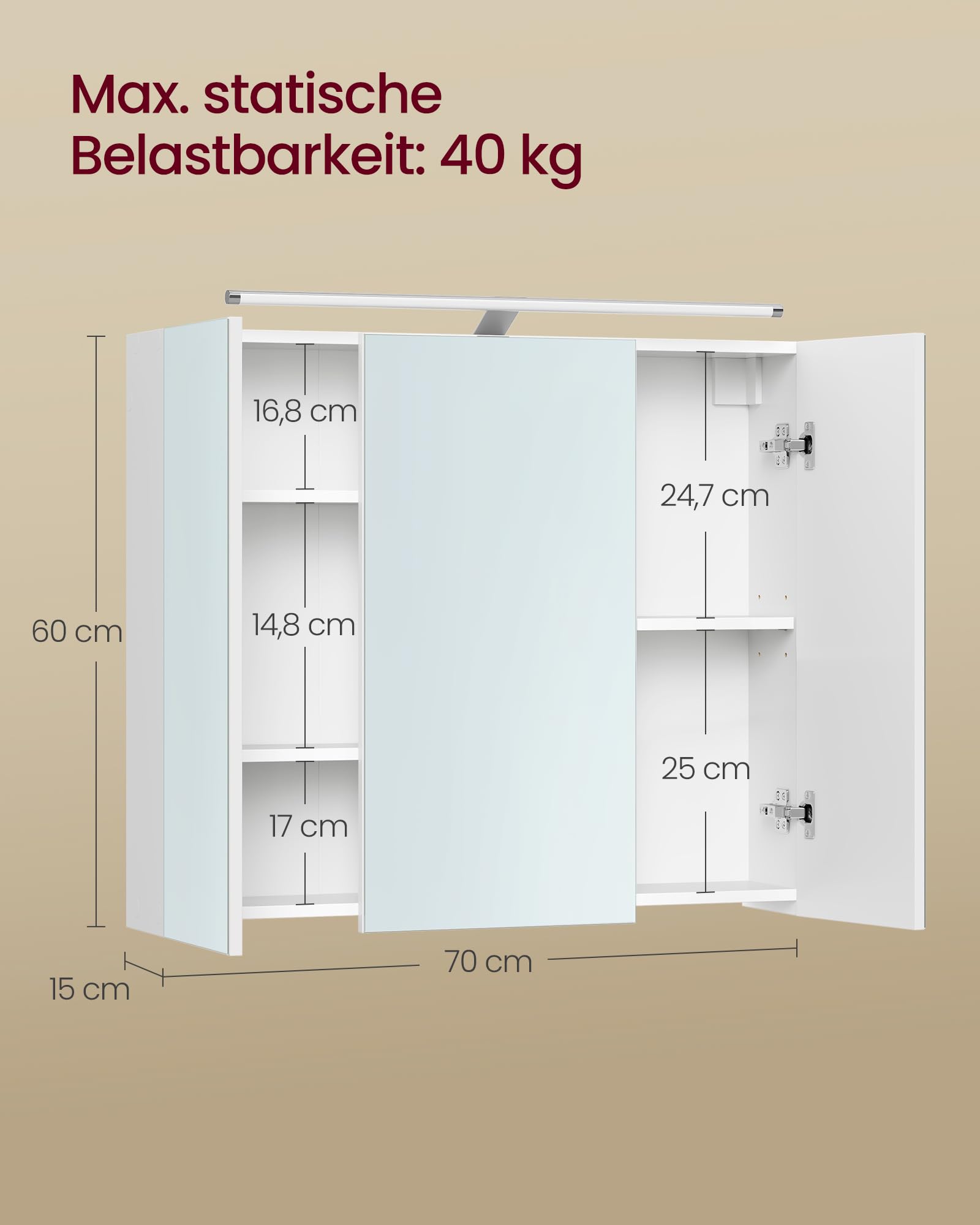 VASAGLE Kailyn Kollektion - Spiegelschrank Bad mit Beleuchtung, Badezimmerschrank mit 3 Türen, Wandschrank mit verstellbaren Ablagen, moderner Stil, 15 x 70 x 60 cm, wolkenweiß BBK139WB01