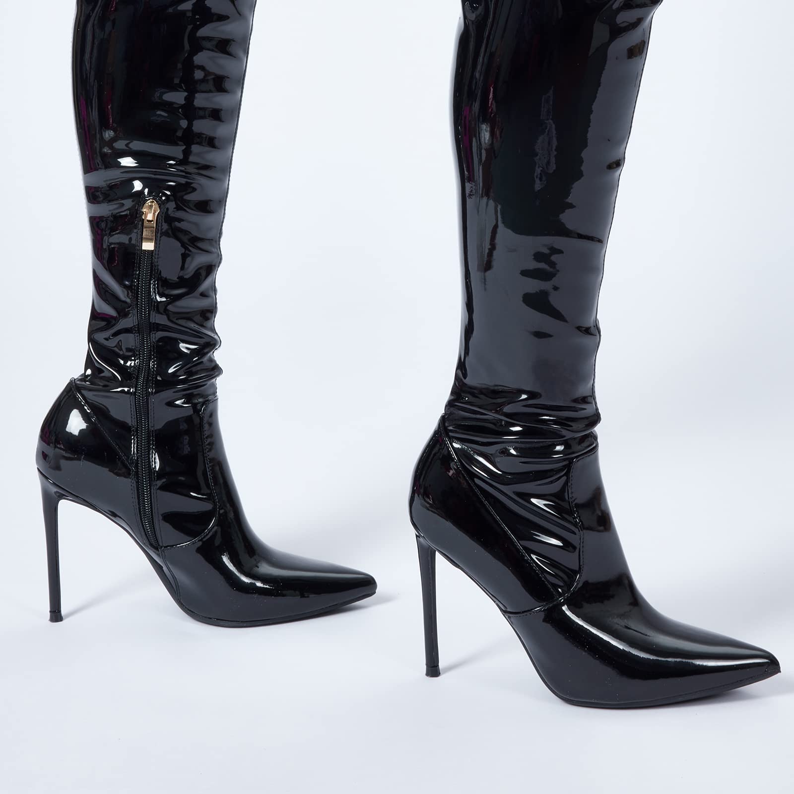 GENSHUO Botas por encima de la rodilla para mujer con tacón de ante botas altas para el muslo, zapatos de tacón largo y sexy con punta puntiaguda, Charol de cuero negro, 38 EU