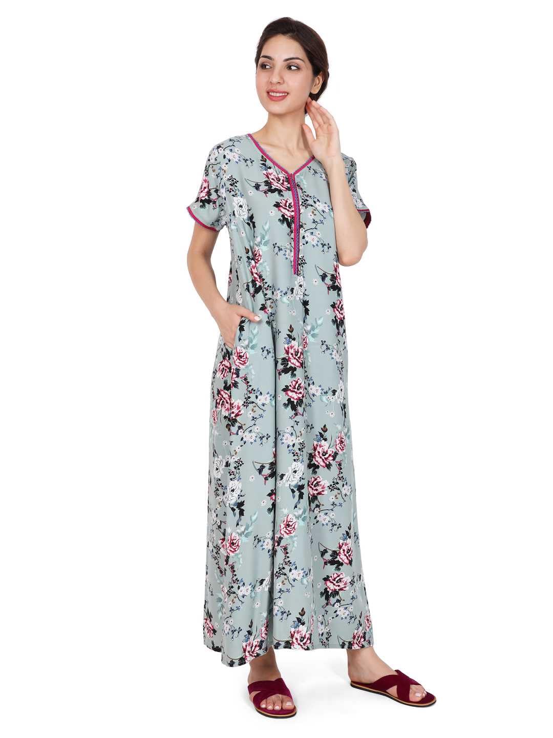 evolove Women's Viscose Liva Long Maxi Night Gown Nighty Dress with Pocket & Zipper, Super Soft Comfortable (LNGRY-Zipper)-picture-20