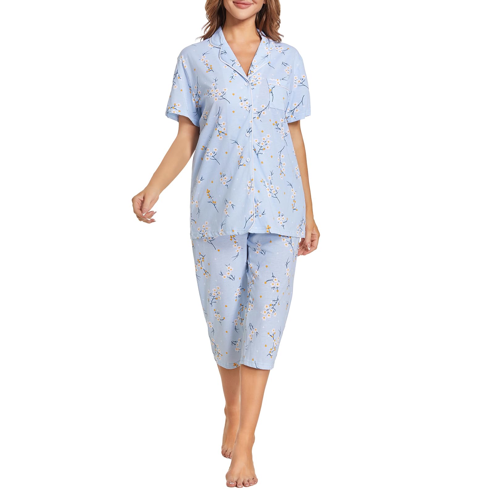 Tugege Capri Pajamas Set Womens Button Down Short Sleeve Lounge Sets Sleepwear Notch Collar Top & Capri 2 Piece PJ Sets