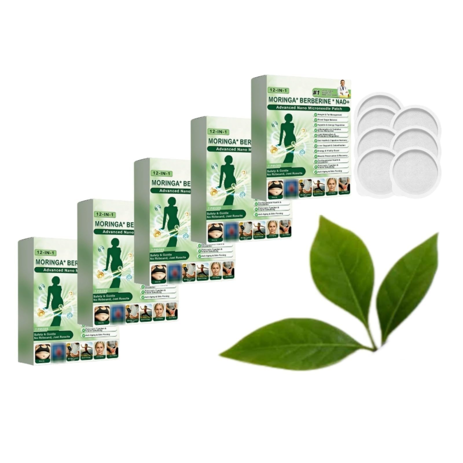Moringa x Berberine Patch 12 en 1, Patch Nano Microneedle Minceur, Ingrédients Naturels, Facile à Appliquer, Invisible Sous les Vêtements, Berberine Perte de Poids, Soin Corporel Pour Routine Silhouet