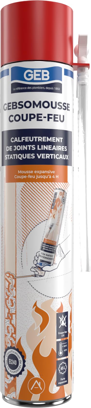 GEBSOMOUSSE COUPE-FEU, Résistance au feu jusqu’à 4 heures, Tenue en température de - 400°C à + 100°C s'expant de 2 à 3 fois par rapport a son volume initiale, aérosol manuel, 750 ml