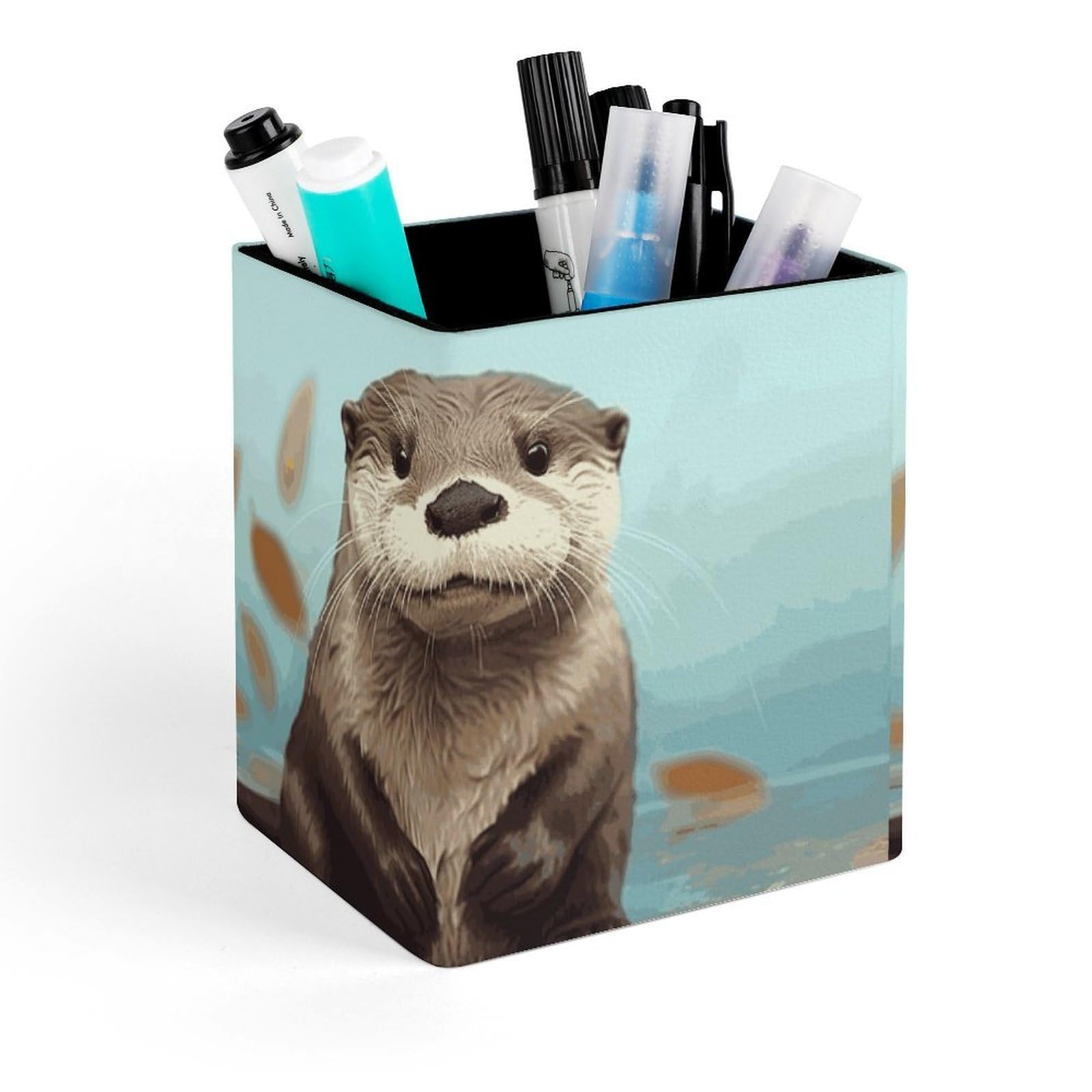 DWVTSLH Aesthetic Pen Holder for Desk - Modern Leather Pencil Holder - Stylish Square Makeup Brush Holder - Cute Otter Pen Cup Cute And Functional Desk Organizer for Office Supplies