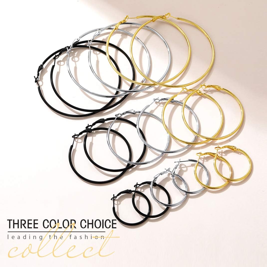 GoldChic Jewelry 1Pair/3 Pairs Classic Medium/Big Round Loop Hoop Earrings, Lightweight Hoop Earrings in Gold/Black/Silver Tone for Women Hypoallergenic Earrings (20/30/40/50/60/70/80/100mm)