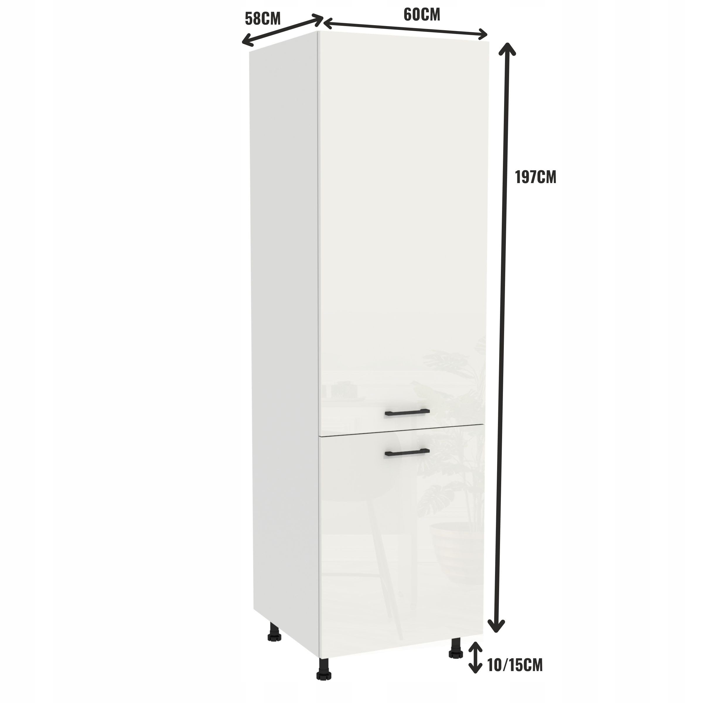 Kühlschrank Einbauschrank Capri 60x197x58 cm - Küchenunterschrank zweitürig mit Soft-Close - Fester Einlegeboden - Stabiler Küchenmöbel - Bausatz zum Selbstaufbau - Weiß Acryl Hochglanz/Weiß