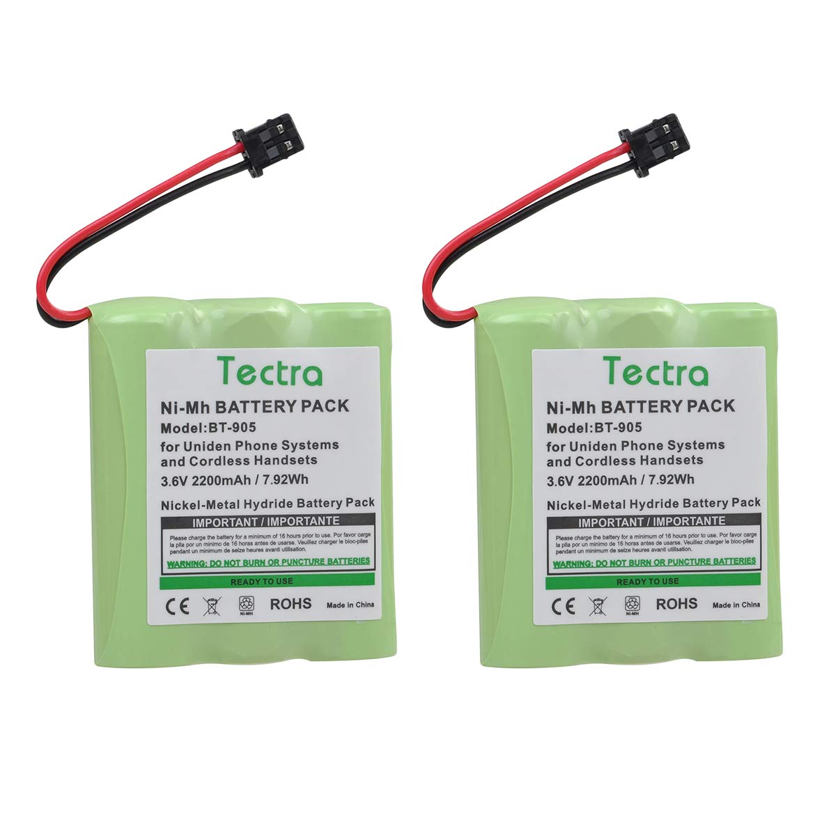 Tectra 2-Pack BT-905 Cordless Phone Battery for Uniden BT905 BT-800 BT-1006 BBTY-0444001 BBTY-0449001 Panasonic P-P501 P-P508 AT&T 200 24032 Cordless