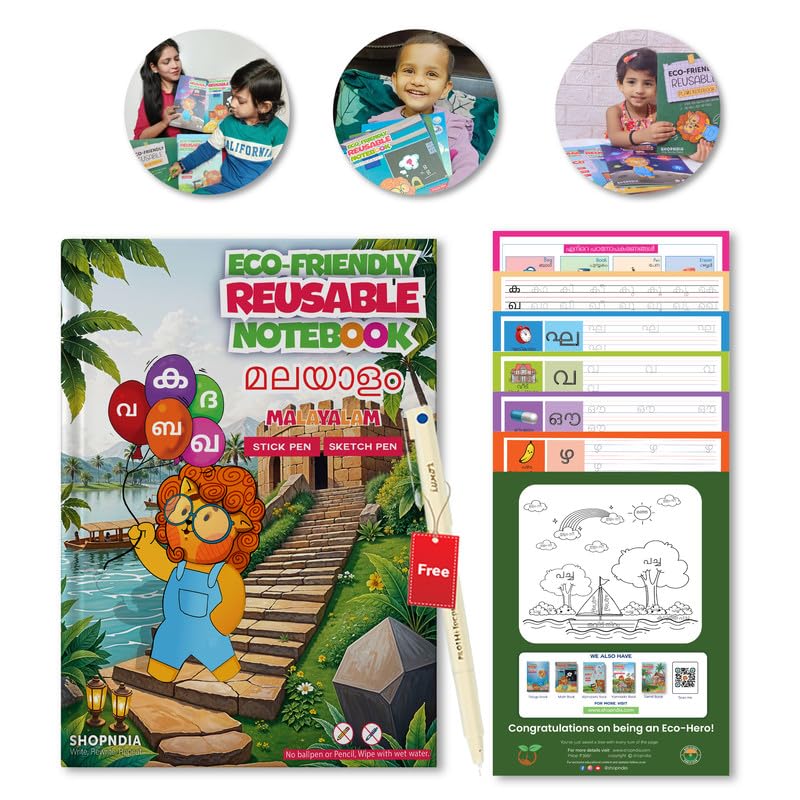 Shopndia Malayalam Combo Eco-Friendly Reusable Notebook Set for Kids | Malayalam, Hindi, Alphabet, and Mathematics Notebooks with Free Ink Pen | Reusable Educational Books Gift for Age 3+ (Set of 4)