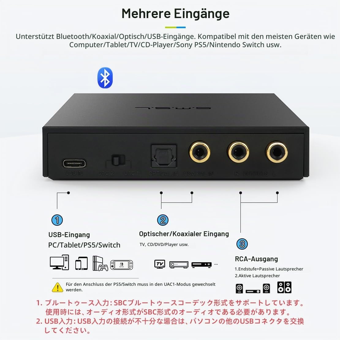 SMSL PS200 ES9039Q2M DA Wandler, 4*Dual OP XMOS XU316 PCM32Bit/768kHz DSD512 USB DAC, MQA DAC, USB/Optisch/Coaxial/Bluetooth 5.0 zu RCA DAC Konverter, Gaming DAC für PS5 Switch PC Telefon
