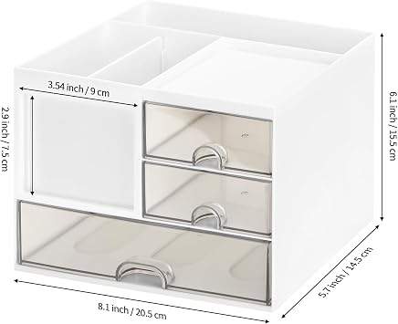 Multifunction Desk Organzier with Drawers, Cosmetic/Makeup Vanity Organizer Box, 3 Drawers Plastic Stationary Storage Organzier, Desktop Desk Storage Drawers for Office Supplies, School, Home (White)