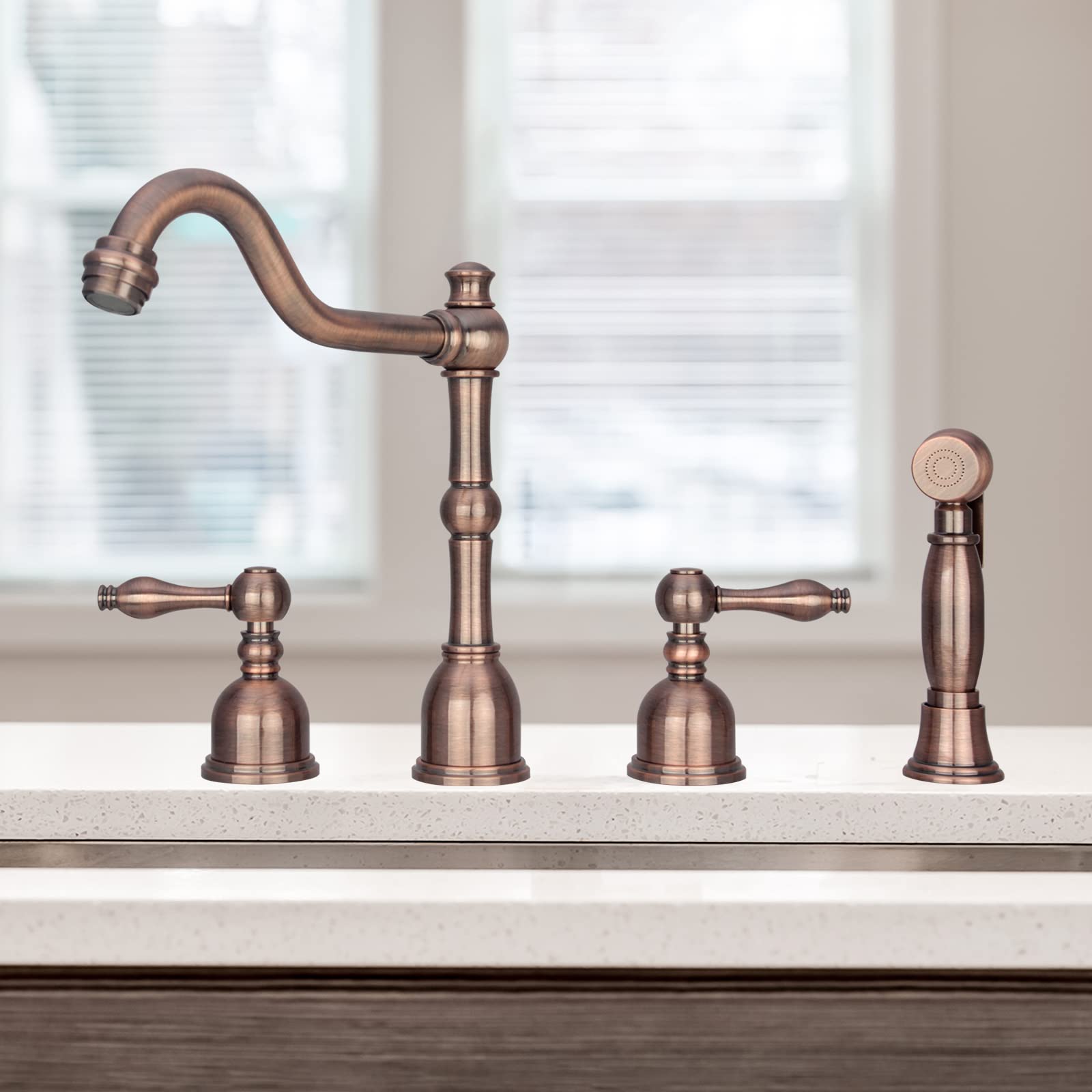 Akicon Two-Handles Antique Copper Widespread Kitchen Faucet with Side ...