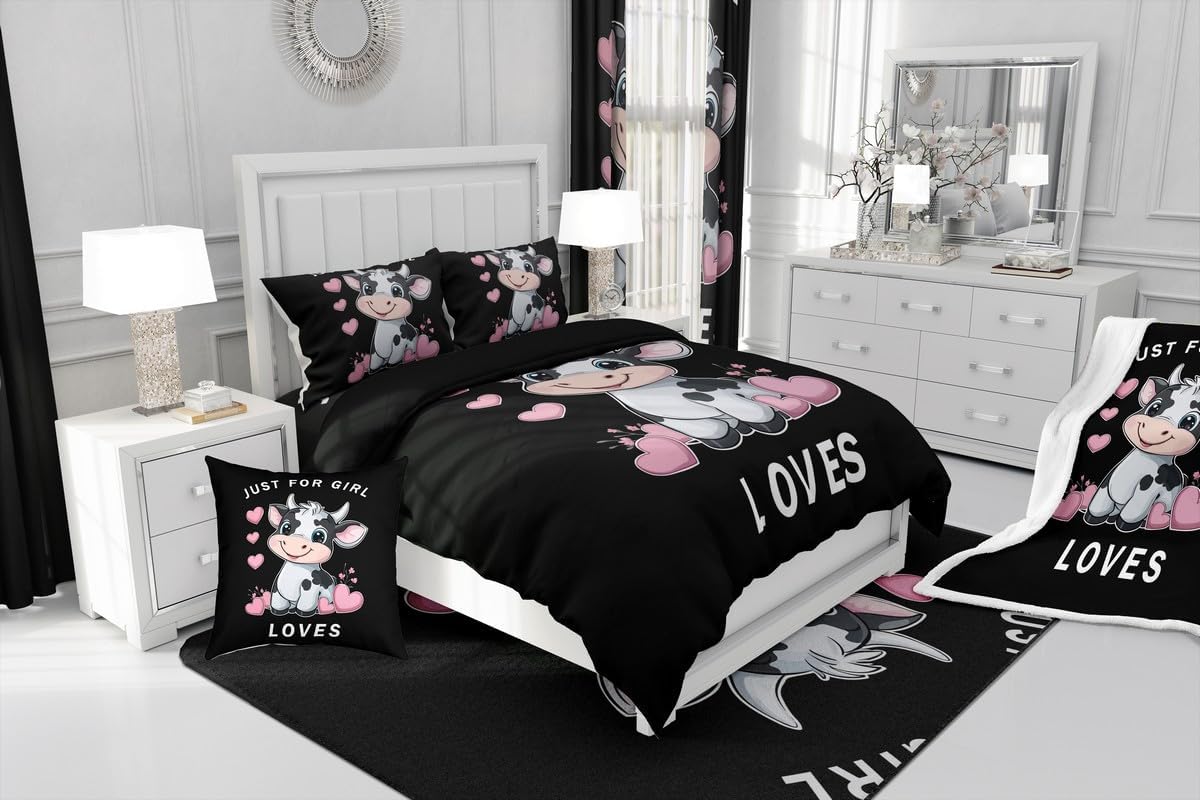 Erosebridal Cartoon Cow Bedding Set Farmhouse Rustic Comforter Cover Kawaii Pink Heart,Western Cowboy Cattle Duvet Cover,Black and Pink Decor for Bedroom,Toddler