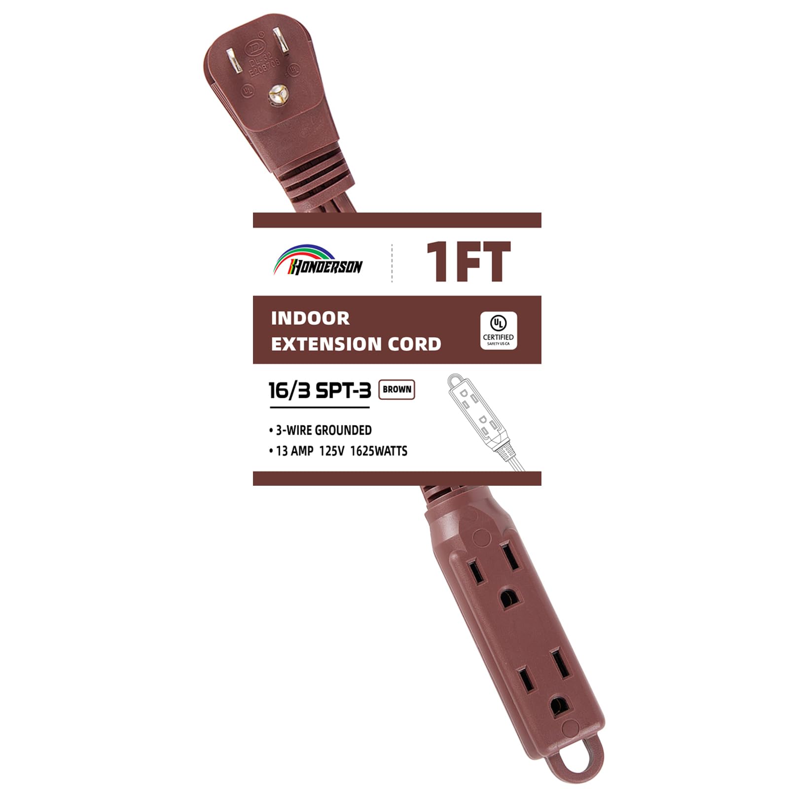HONDERSON 3-Outlets Flat Plug Extension Cord Outlet Extender, UL Listed, Indoor Extension Cord 16 Gauge 1FT Brown 3 Prong, 16/3 SPT-3 13A Power Strip