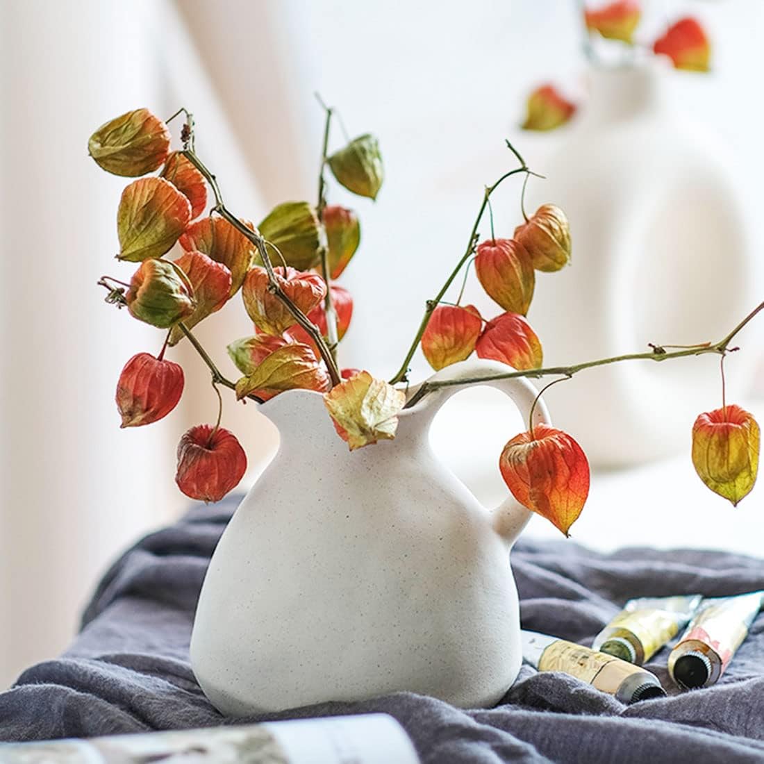 White Ceramic Vase with Handle,Ceramic Pitcher Vase for Flowers,Farmhouse Vase for Table Centerpieces,Rustic Ceramic Pitchers for Shelf Decor,Living Room Decor,Gift,A