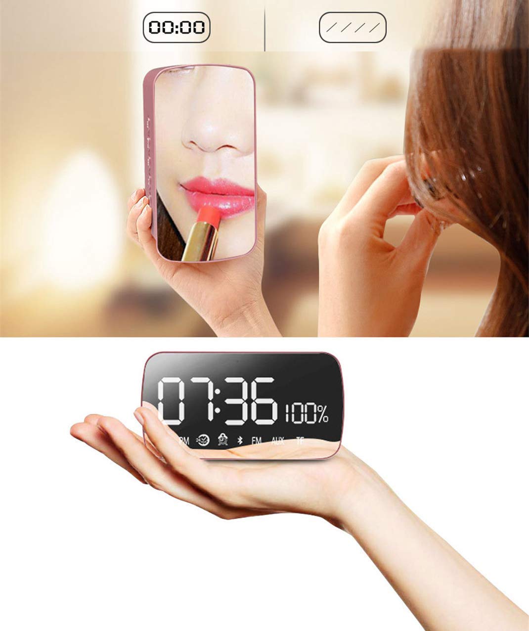 HD LED Espejo Despertador, Altavoz Bluetooth Inteligente Despertador Radio Silencio Electrónico Snooze Cube Altavoz Despertador Radio Digital Reloj