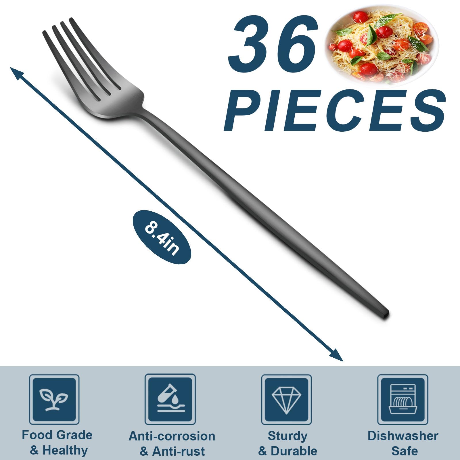 Pleafind 36 forchette da tavola nero opaco, 21 cm, forchette in acciaio inossidabile, forchette per argenteria, forchette in metallo lucidato a specchio per casa, cucina, ristorante, lavabili in