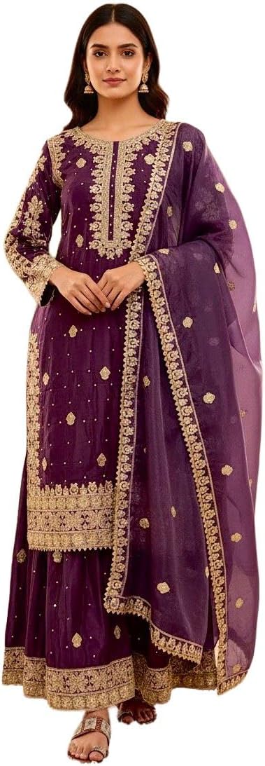 Women's Embroidered Kurta Set, Pure Natural Crep Silk Sharara Dupatta Ready to Wear