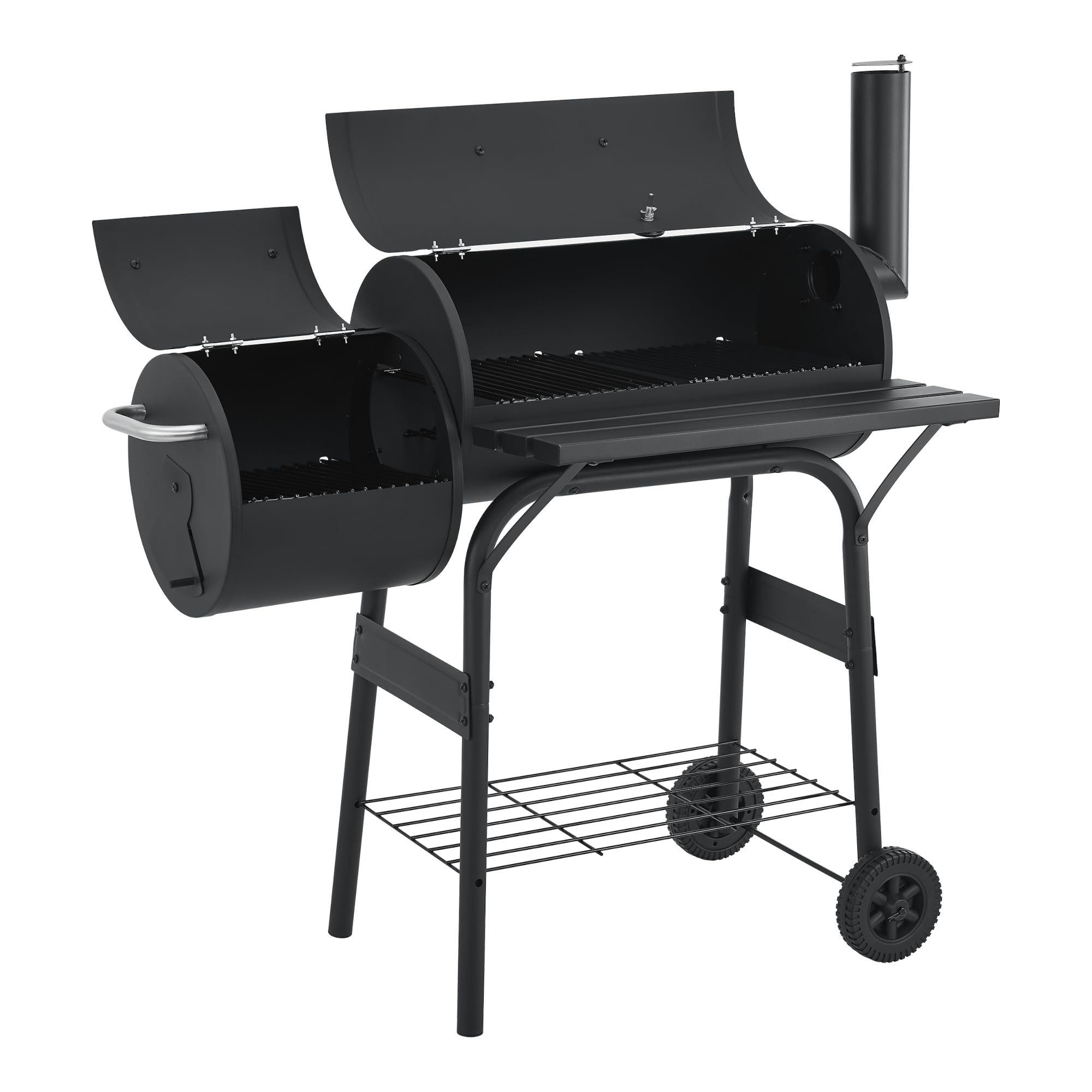 casa.pro Ahumador Barbacoa Smoker Portátil Barbacoa de Carbón con 2 Cámaras 2 Ruedas con Estantes Termómetro Salida de Aire y Chimenea Asa Acero Inoxidable 115 x 110 x 64 cm - Negro