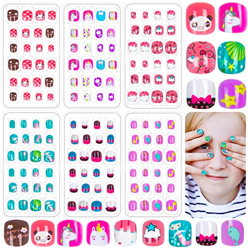 144 Pieces Fake Nails for Kids Girls Artificial Kids Press on Nai...