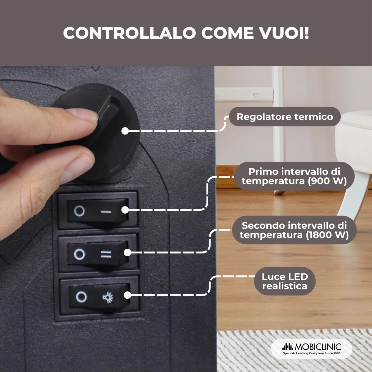 Mobiclinic®, Caminetto elettrico portatile da pavimento, 900/1800w, Protezione contro il surriscaldamento, Leggero, Decorativo, Fiamma 3d, Temperatura regolabile, Ira, Per stanze 25 m2