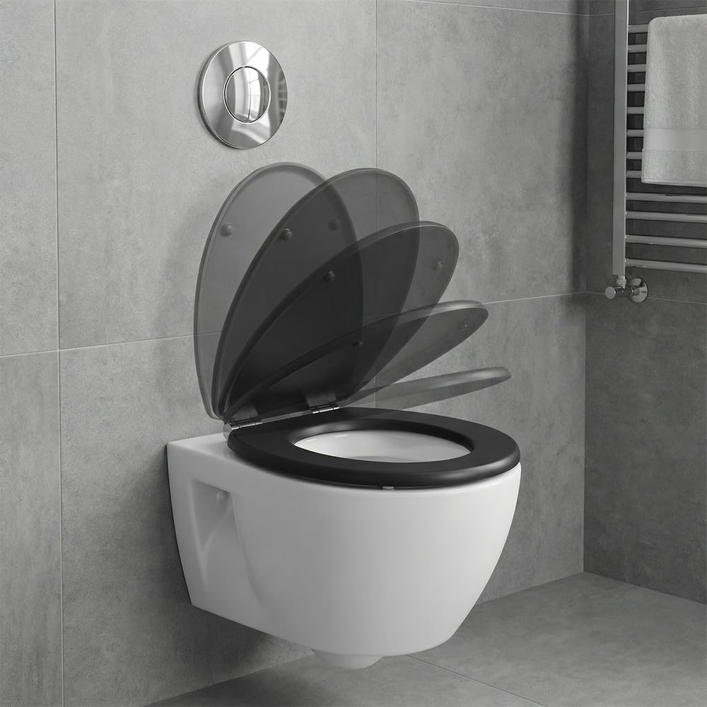 SINOBATH,Sedile WC - Copriwater Universale di alta qualità in legno, tanti motivi colorati, seduta comoda, facile da montare con istruzioni di montaggio Nero