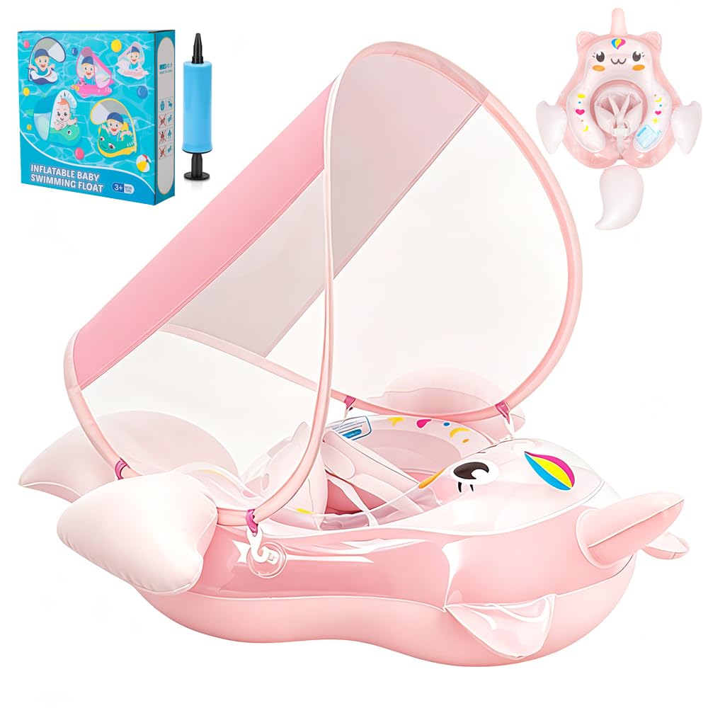 XEERUN Baby Swimming Float 8-24 Months, Pink Unicorn Inflatable Baby Pool Float with Sun Canopy, Baby Swimming Ring with Anti-Flip Seat, for 8-24 Months Newborn Kids Toddlers (Air pump included)