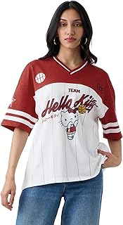 the souled store Hello Kitty: Varsity Women and Girls Short Sleeves V Neck White and Red Graphic Printed Cotton Oversized T-Shirts-picture-33