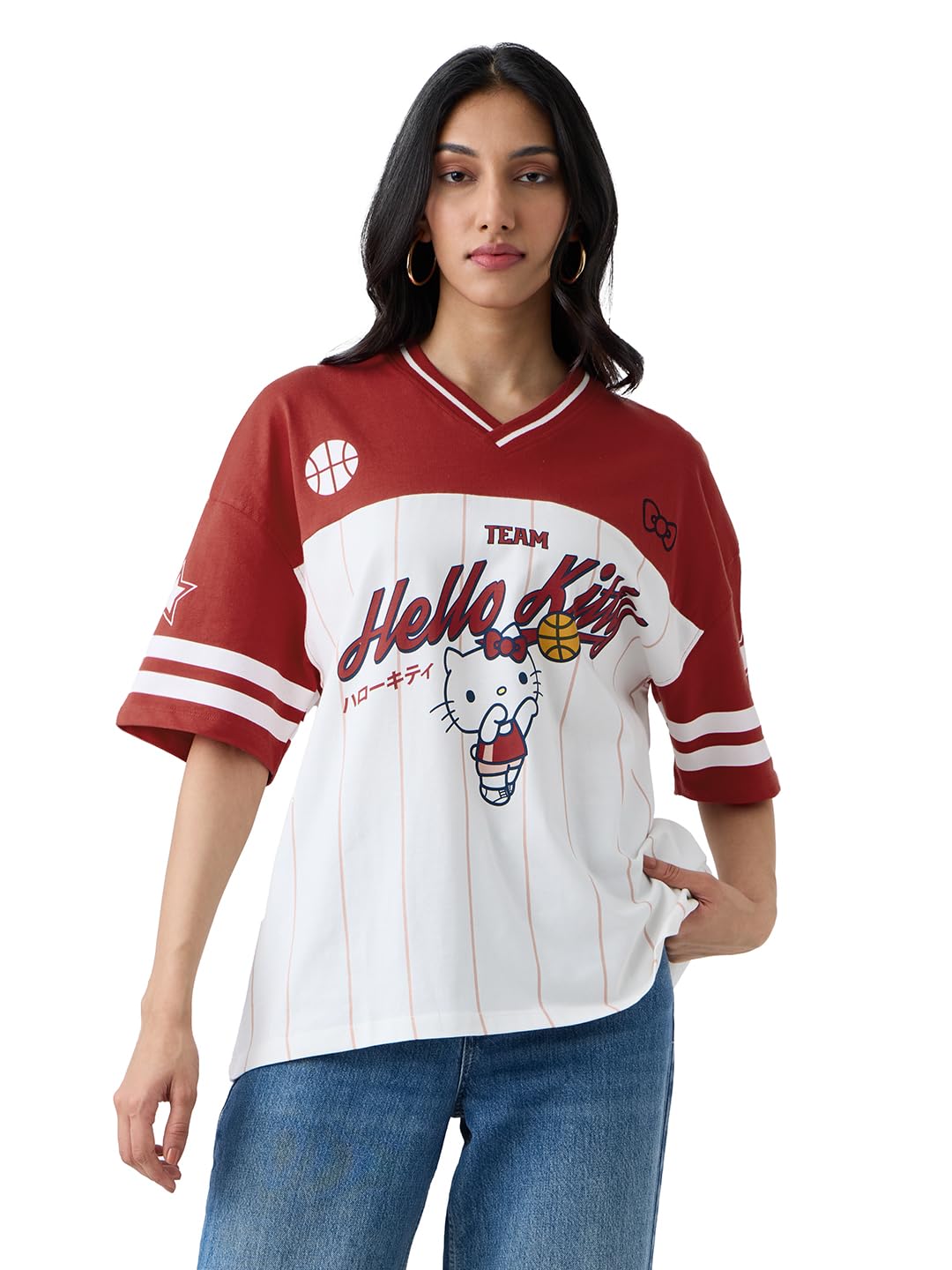 the souled store Hello Kitty: Varsity Women and Girls Short Sleeves V Neck White and Red Graphic Printed Cotton Oversized T-Shirts-picture-36