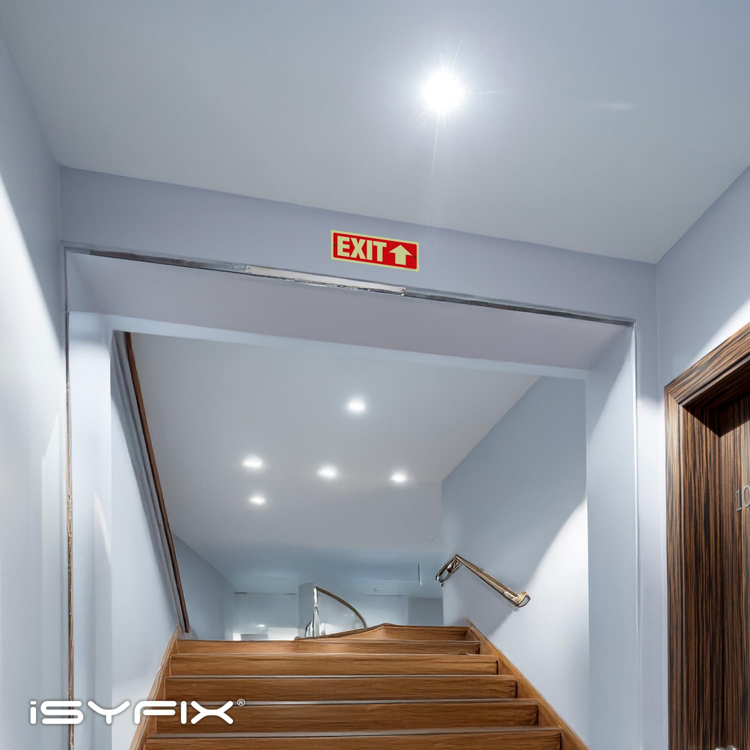 iSYFIX Señales de salida con flecha hacia arriba direccional, paquete de 12 unidades de 12 x 4 pulgadas que brillan en la oscuridad para negocios, escuela, oficina, almacén, poliestireno duradero de