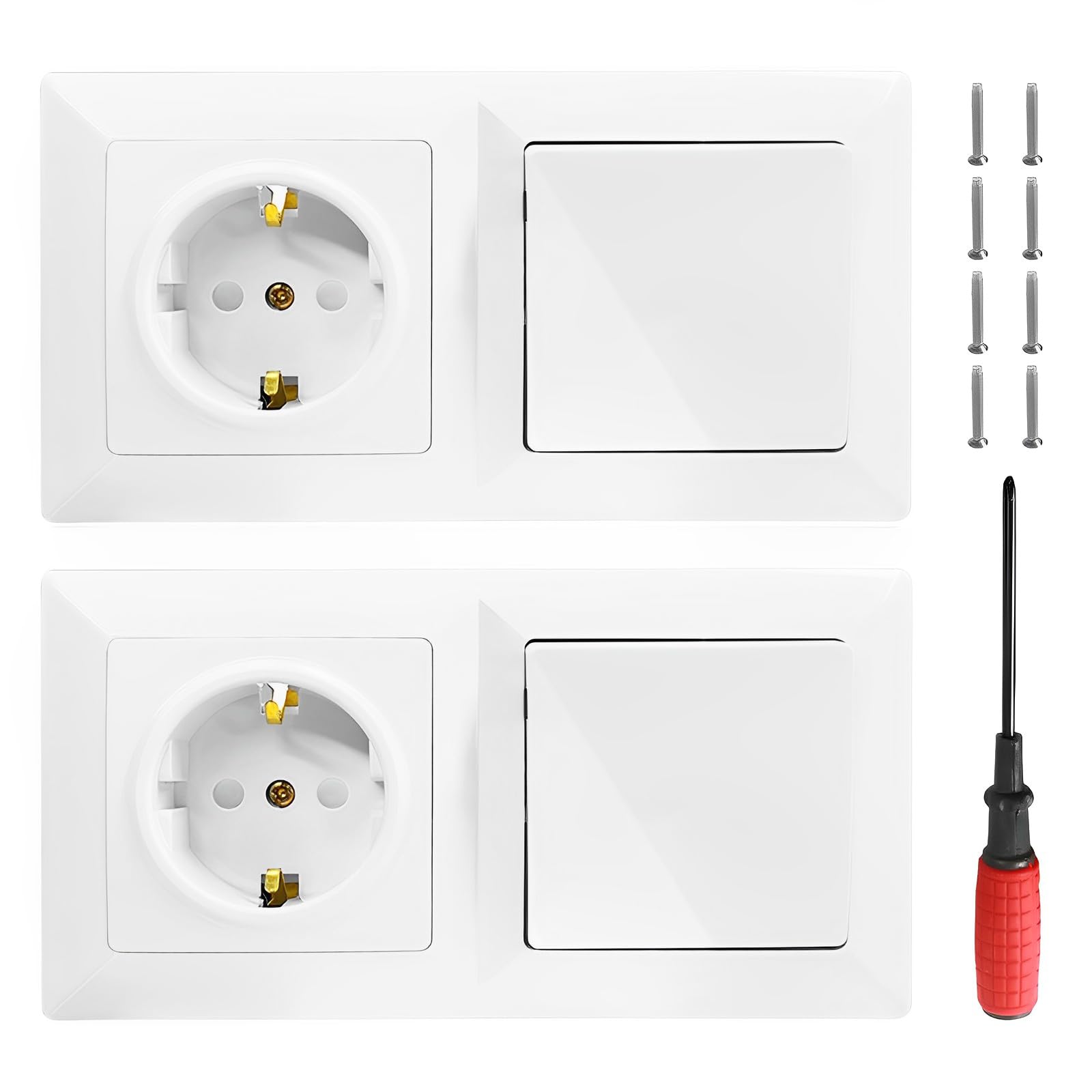 2 Piezas Enchufe con Interruptor y Marco 16A 250V Interruptor de luz con Enchufe-de-Parerd Empotrable Todo en uno Toma de Corriente Empotrada con Marco Base de Enchufes para Cocinas Salón-Blanco