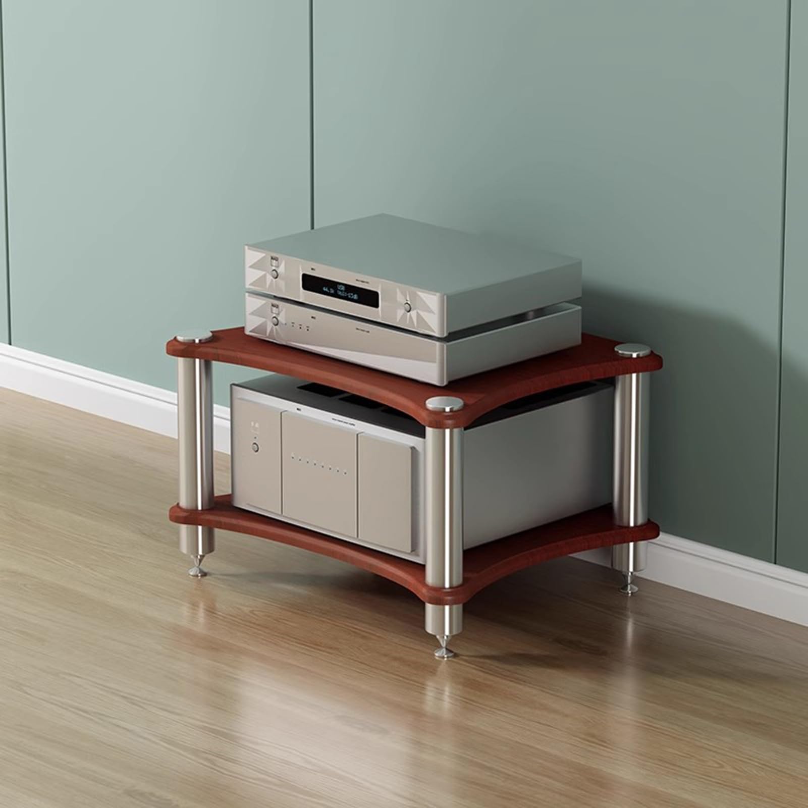 Torre para equipos de audio, Mueble de soporte for reproductor discos estéreo, estantería for equipos audio y vídeo domésticos, diseño esquinas redondeadas(Walnut 2 Tier)