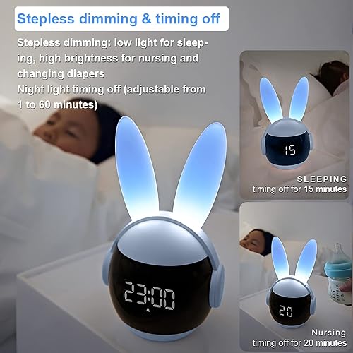 Miniatura 3 de Reloj despertador infantil para niños, reloj despertador de conejito para niñas y niños, reloj despertador azul con tonos de llamada y luz nocturna