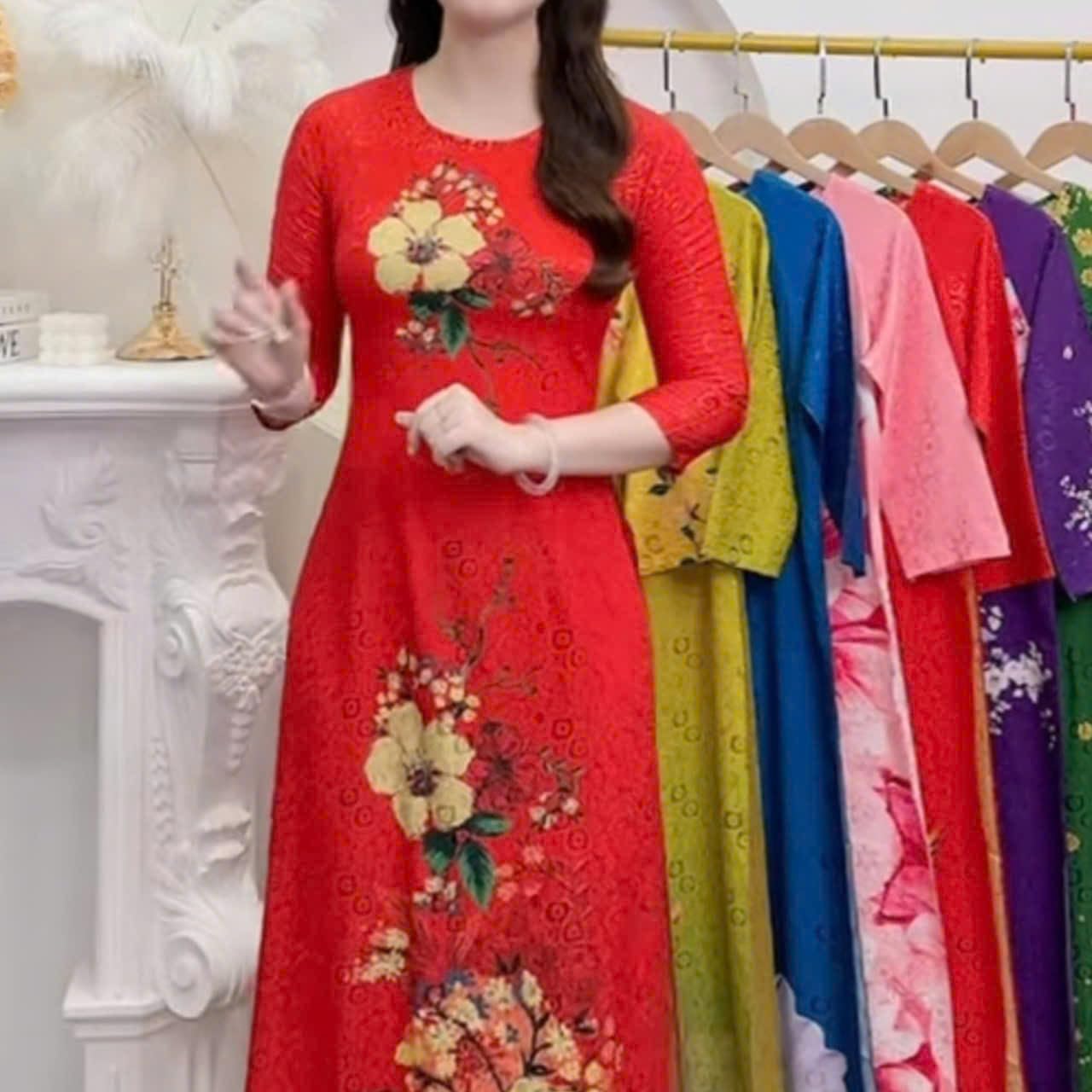 Traditional Vietnamese Ao Dai for Women, 3D Floral Pattern, Thai Tuan Brocade Material, Ao Dai and Pants (056Tm, 3XL)