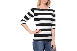 Allegra K Women's Slim Fit Elbow Sleeve Striped Boat Neck T-Shirt