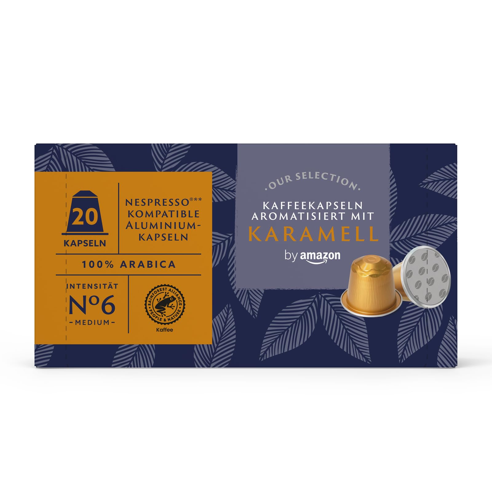 by Amazon Aluminium-Kaffeekapseln mit Karamellgeschmack, kompatibel mit Nespresso, 20 Stück (1 Packung mit 20 Stück) – Rainforest Alliance-zertifiziert