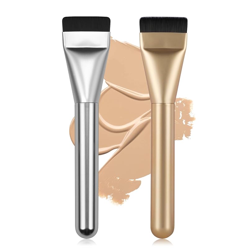 BEAUTYFACTOR Kit com 2 Pincéis Achatados para Base, Máscara Facial e Produtos Líquidos, Prata e Champagne