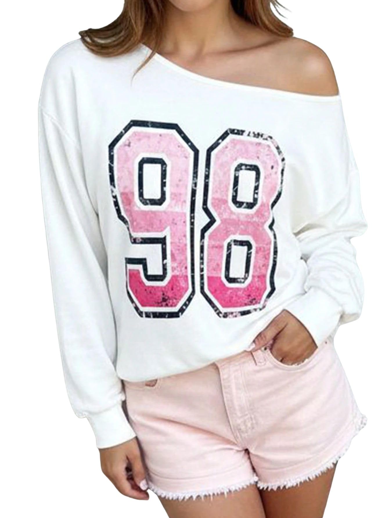 sxv style Women's Off-Shoulder Sweatshirt, White with Pink '98' Graphic Print, Long Sleeve Casual Athletic Top-picture-34