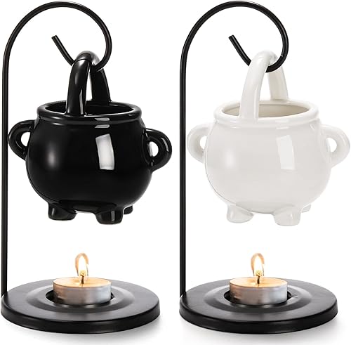 Jucoan Paquete de 2 quemadores de aceite de caldero colgantes, cera de aceite esencial de cerámica, velas de té, decoración de brujería de brujas