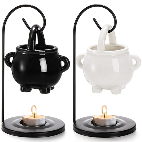 Jucoan 2 Pack Hanging Cauldron Oil Burner, Ceramic Essential Oil Wax Melt Burner Tealight, Witches Witchcraft Decor for Halloween & Wiccan Rituals, Gothic Home Décor Gift