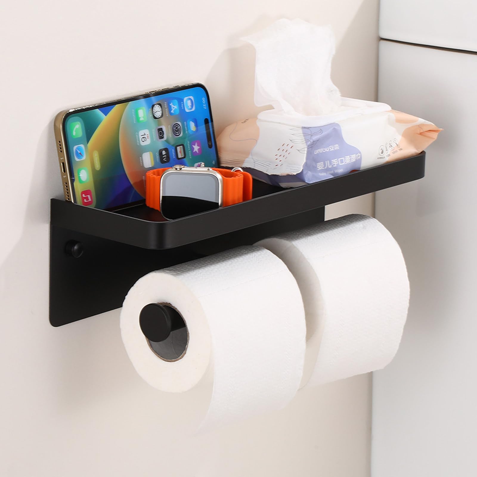 Portarrollos Baño De Aluminio Espacial, Portarrollos Papel Higienico Negro con Soportes Dobles, Porta Rollos De Papel Higienico, Portarollos Papel Higienico, Instalación De Perforación
