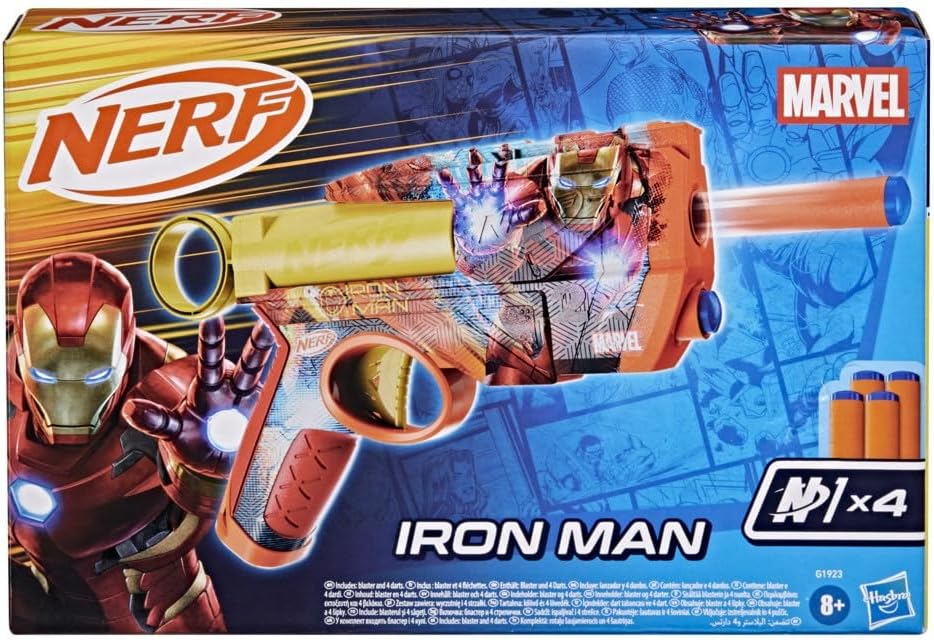 Nerf Marvel Iron Man Dart Blaster | 4 Nerf N1 Foam Darts | Iron Man-Inspired Blaster Skin Designs | Kids Gifts |Outdoor Toys & Games for Ages 8+ (Amazon Exclusive)