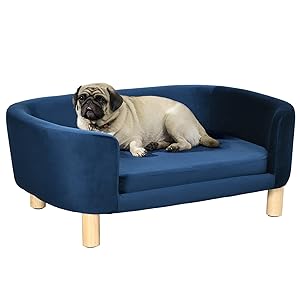 PawHut Sofá para Perros Pequeños, Cama para Perros Elevada con Patas de Madera, Cojín Desmontable y Funda Lavable, Carga 10 kg, 86x55x33 cm, Azul
