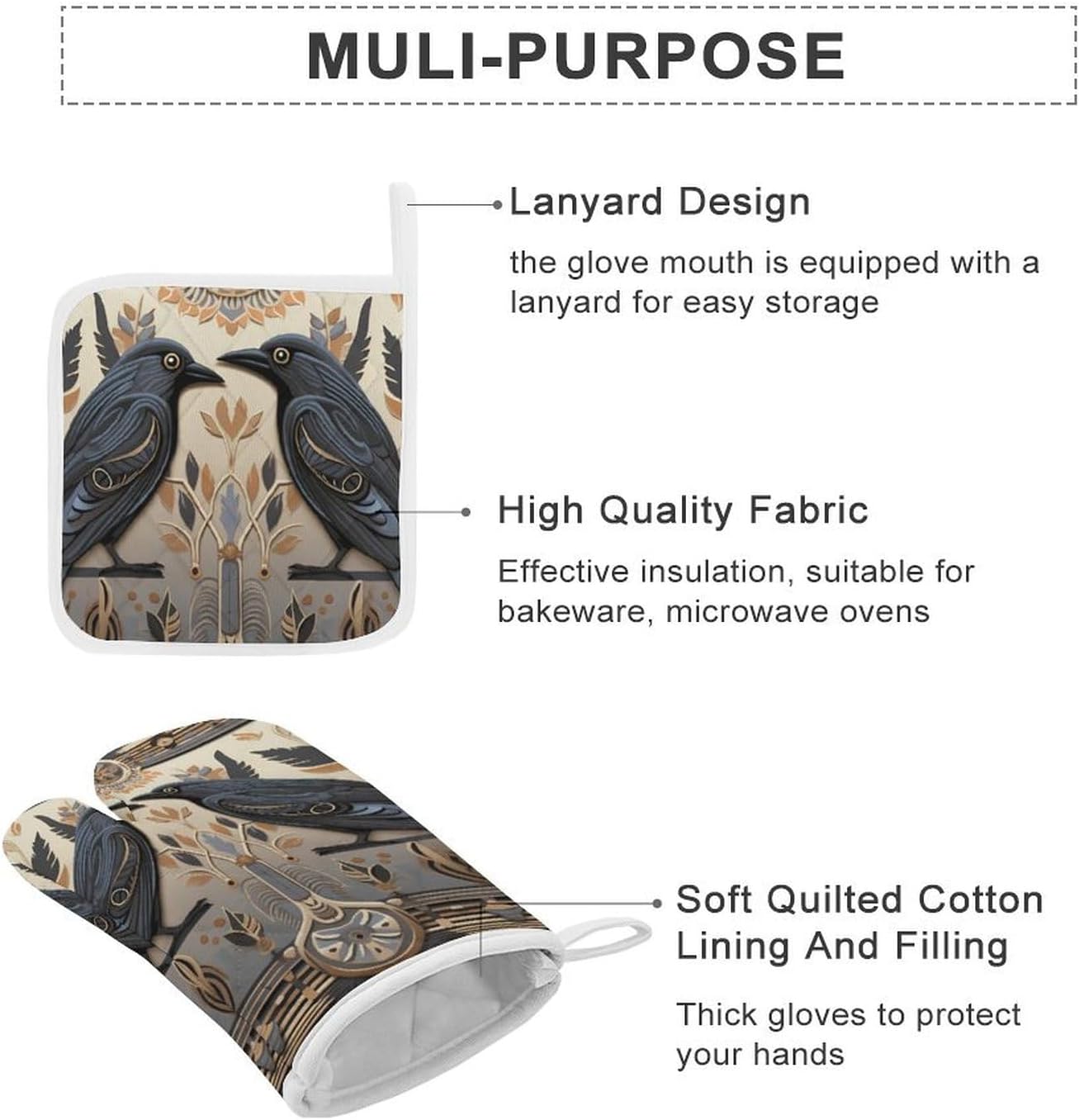 Black Crow 4 Pcs Oven Mitts and Pot Holders Set High Heat Resistant Long Kitchen Oven Glove Potholders